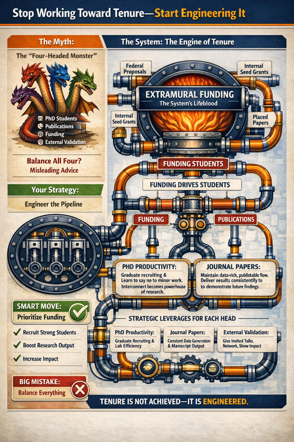 In the visual narrative of tenure monster.jpg, academic success is portrayed as a relentless, self-sustaining industrial machine titled "The Tenure Hierarchy". The cycle begins with Extramural Funding, the "lifeblood" that fuels the system through federal and industrial proposals. This capital is funneled into PhD Productivity, where students are treated as a "recruitment engine," put through training sprints to become the primary producers of research. The machine then transitions into a Publication Factory, converting student labor into a "continuous flow" of papers using modular templates. To survive this, the professor adopts an "Inverted Mentorship Model," acting as an Editor-in-Chief rather than a lead author. Every action is gated by the ROI Filter, which asks if a task yields a student, paper, grant, or letter. By focusing on the Goldilocks Service Zone and "External Validation," the academic builds the visibility necessary to secure more funding, restarting the machine's hungry cycle.